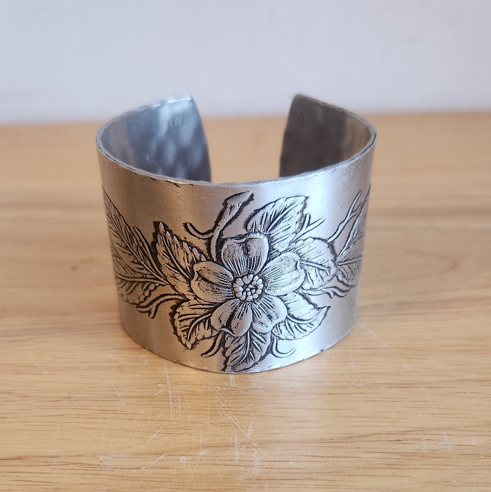 Engraved Bracelet Silver Pewter Soft Metal Floral Jewelry